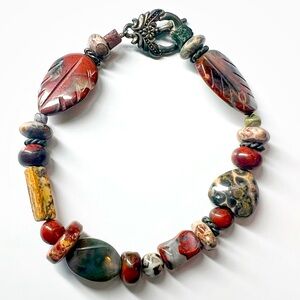 Handcrafted Multi-Stone Bead Silver Tone Metal & Glass Beaded Bracelet, ~ 6.5”